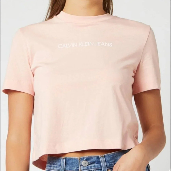 CALVIN KLEIN Crop T-Shirt Peach Pink Graphic Logo Short Sleeve Crew Baddie L - Picture 11 of 11